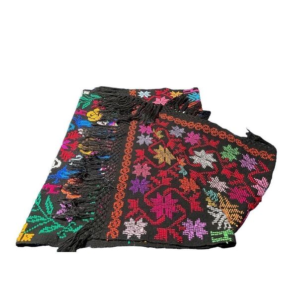 Camelia Mexican Shawl Colorful Embroidery Art Black Floral Peacock Design - Picture 5 of 7